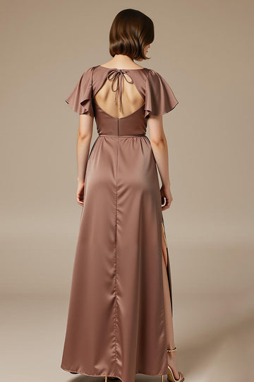 Coffee Satin Round Neck Maxi A Line Evening Dress